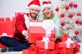 Love is best gift. Family married couple at home. Couple in love enjoy winter holiday celebration. Christmas eve with