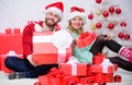 Love is best gift. Family married couple at home. Couple in love enjoy winter holiday celebration. Woman and bearded man