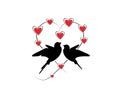 Birds couple silhouettes in heart, vector. Flying birds in shape of a heart, illustration. Flying birds isolated on white backgrou Royalty Free Stock Photo