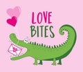 Love bites - funny alligator or crocodile withheart balloons and envelope