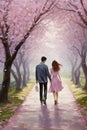 Love blooms like cherry blossoms as affectionate couple takes a dreamy walk in the park, lost in each other& x27;s
