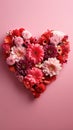 Love Blossoms: Red Flowers in Heart Shape on Pink Background. Generative AI