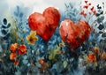 Love Blossoms: A Vibrant Silk Ink Painting of Red Hearts and Fie