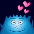 Love blue monster with heart on a black background. Friendly blue funny cute little smiling monster. Vector illustration Royalty Free Stock Photo