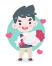 An in love blushing guy holding roses bouquet cartoon illustration