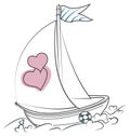 Love boat with two hearts on the waves of hearts.