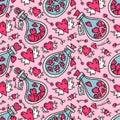 Love bottle, pink hearts with wings, arrows seamless pattern