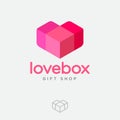 Love Box logo. Gift and presents shop. Pink-red heart like box. 3D illusion. Royalty Free Stock Photo