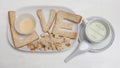 Love breakfast create idea are bread and tofu green tea milk Royalty Free Stock Photo