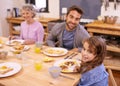 Love, breakfast and family in portrait or kitchen with food, eating or bonding together at table. Meal, pancakes and Royalty Free Stock Photo