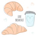 Love breakfast illustration. Bakery doodles. Coffee cup with croissant and slogen print. Summer tee surface decoration