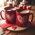 Love Brews: Two Red Coffee Mugs on a Romantic Valentine\'s Table Royalty Free Stock Photo