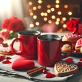 Love Brews: Two Red Coffee Mugs on a Romantic Valentine\'s Table