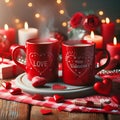 Love Brews: Two Red Coffee Mugs on a Romantic Valentine\'s Table Royalty Free Stock Photo