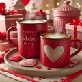 Love Brews: Two Red Coffee Mugs on a Romantic Valentine\'s Table