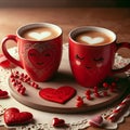 Love Brews: Two Red Coffee Mugs on a Romantic Valentine\'s Table Royalty Free Stock Photo