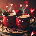 Love Brews: Two Red Coffee Mugs on a Romantic Valentine\'s Table Royalty Free Stock Photo