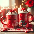 Love Brews: Two Red Coffee Mugs on a Romantic Valentine\'s Table