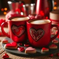 Love Brews: Two Red Coffee Mugs on a Romantic Valentine\'s Table