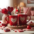 Love Brews: Two Red Coffee Mugs on a Romantic Valentine\'s Table