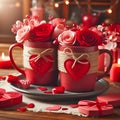 Love Brews: Two Red Coffee Mugs on a Romantic Valentine\'s Table