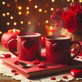 Love Brews: Two Red Coffee Mugs on a Romantic Valentine\'s Table Royalty Free Stock Photo
