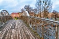 Love bridge in Bydgoszcz, Poland, Love lock padlock sweethearts locked, old town houses with footbridge, bridge Jana Kiepury over Royalty Free Stock Photo