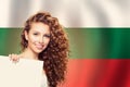 Love Bulgary concept. Happy woman with white banner and Bulgarian flag