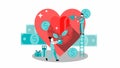 Love in business concept, men and women make money, red heart symbol and profit in dollars.