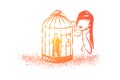 Love cage metaphor, girl looking at boyfriend tiny character imprisoned in birdcage