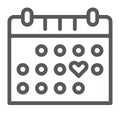 Love calendar line icon, romance and love, valentine date sign, vector graphics, a linear pattern on a white background.