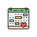 Love calendar, wedding date, valentines day flat color line icon.