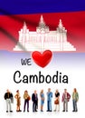 We love Cambodia, A group of people pose next to the Cambodian flag