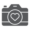 Love camera glyph icon, photography and valentine, photo camera with heart sign, vector graphics, a solid pattern on a