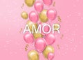 Love card with balloons Vector realistic. Pink and yellow joyful colorful postcards