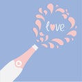 Love card. Champagne bottle heart explosion Flat design. Rose quartz serenity color background