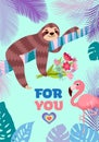 Love card. Flamingo and sloth with a bouquet. Tropical vector illustration.