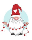Love card. Gnome with garland of hearts.