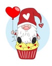 Love card. Gnome sitting on a cupcake.