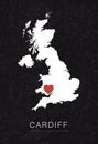 Love Cardiff Picture. Map of United Kingdom with Heart as City Point. Vector Stock Illustration