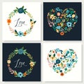 Love cards collection with hand drawn floral hearts and wreaths