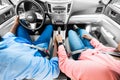 Black couple enjoying drive on car, holding hands Royalty Free Stock Photo