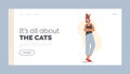 Love, Care of Animals Landing Page Template. Happy Woman with Cat Sitting on her Head. Female Character Caring of Pet