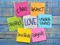 Love care respect devition forgive, text words typography written on paper, life and business motivational inspirational