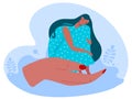 Love care yourself vector illustration, cartoon woman hands holding tiny female character, sad girl with long hair