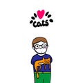 Love cats hand drawn vector illustration in cartoon style. Man holding domestic animal orange