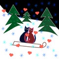 Love cats sledge ride through the snowy hillside Royalty Free Stock Photo