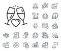 Love champagne line icon. Wedding glasses sign. Plane jet, travel map and baggage claim. Vector