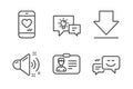 Love chat, Downloading and Idea lamp icons set. Loud sound, Identification card and Happy emotion signs. Vector