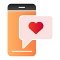 Love chat flat icon. Phone with love message color icons in trendy flat style. Romantic sms gradient style design